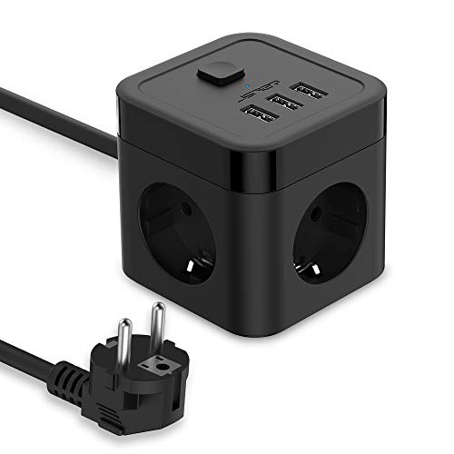JSVER Cube Regleta Enchufe con USB de 3 Tomas con 3 USB Puertos Alargadera Electrica(3680W 16A) Protección contra Sobretensiones para el hogar, la Oficina y los ViajesCable 1,5 m Negro