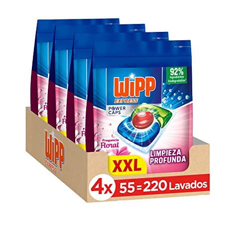 Wipp Express Power Caps Detergente Floral en Cápsulas para Lavadora, Pack de 4, Total 220 Dosis, Limpieza Profunda, Eficaz en Agua Fría