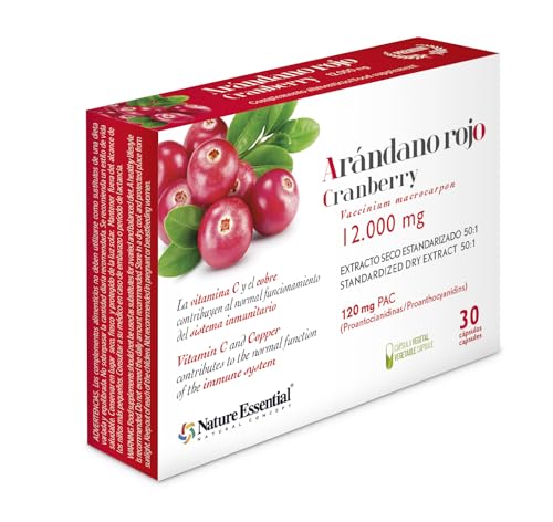 Nature Essential | Arándano Rojo 12.000 mg. 120 PAC | 30 Cápsulas Vegetales | Ayuda a Reforzar el Sistema Inmune y la Salud del Tracto Urinario | Vitamina C y D-Manosa.