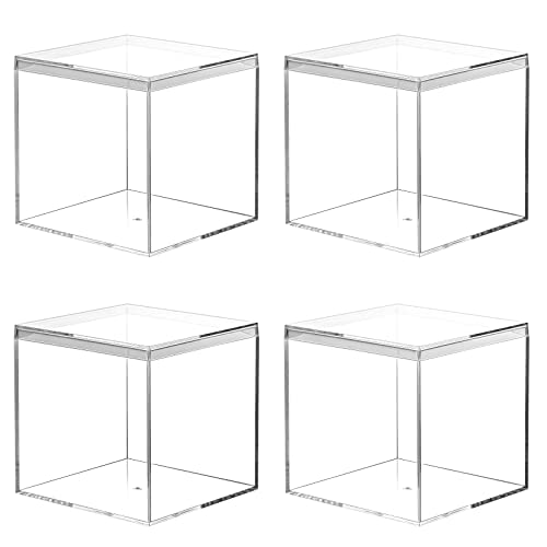 Kamehame Caja de acrílico con tapa, 4 unidades, 10 x 10 x 10 cm, pequeña transparente, cuadrada, caja de almacenamiento transparente para joyas, vitrinas, almacenamiento y embalaje de dulces