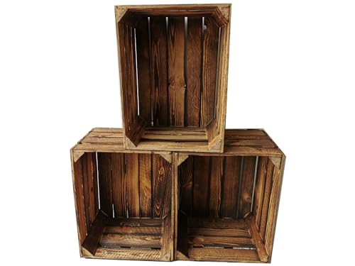 Cajas de madera flameadas en práctico juego de 3 unidades, 50 x 40 x 30 cm: cajas de fruta originales y vintage, cajas de manzanas de la antigua tierra para la construcción de muebles o decoración