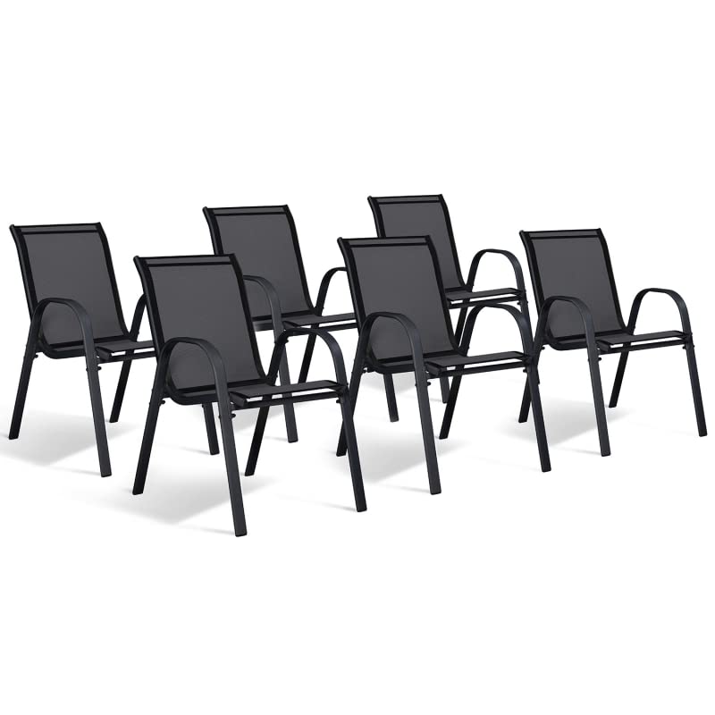 IDMarket - Juego de 6 sillas de jardín de metal y textileno apilables, color negro