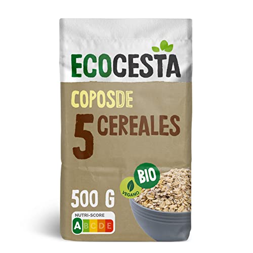 Ecocesta - Copos de 5 Cereales Ecológicos - 500 g - Sin Azúcar Añadido - Aptos para Veganos - Alto Contenido en Fibra - Incluye Copos de Avena, Trigo, Cebada, Centeno Integral y Maíz Malteado