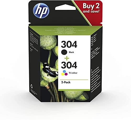HP 304 3JB05AE, Negro y Tricolor, Pack de 2, Cartuchos de Tinta Originales, Compatible con impresoras de inyección de tinta HP DeskJet 2620, 2630, 3720, 3730, 3750, 3760; HP Envy 5010, 5020, 5030