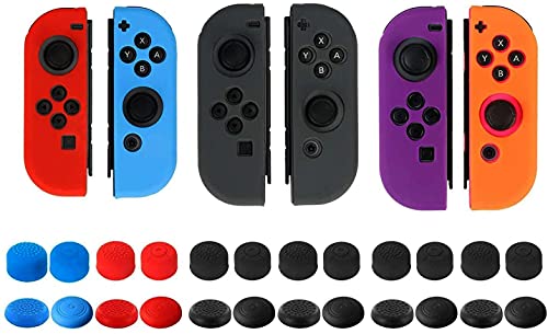 Funda protectora para el controlador JoyCon de Nintendo Switch con tapas para pulgares paquete de 3 fundas de agarres de silicona antideslizantes Androxeda con 24 almohadillas para pulgares