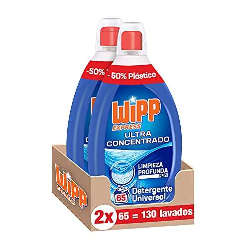Wipp Express Detergente Líquido Ultra Concentrado (2 x 1.3 l, 130 lavados), detergente para lavadora con fórmula ultraconcentrada limpieza profunda plus y efecto frescor activo