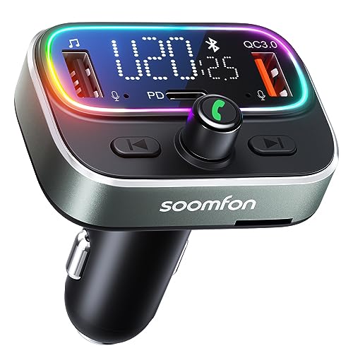 SOOMFON Transmisor FM Bluetooth 5.3 Coche - Manos Libres Inalámbrico Reproductor MP3 Auto PD30W & QC3.0 USB Cargador Mechero Metálico Adaptador con 2 Microfono Soporte U-Disco/Tarjeta TF/9 Modos LED