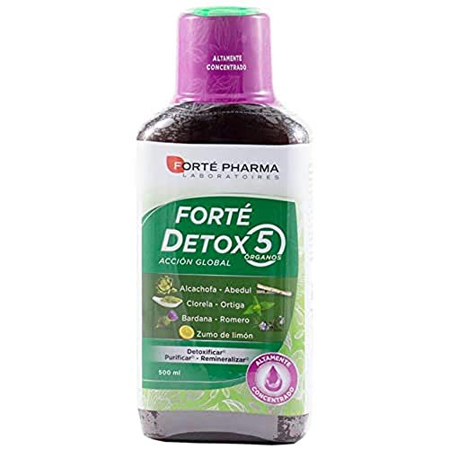 Forté Detox 5 Órganos es un complemento alimenticio que cuenta con una asociación de plantas como la alcachofa, el abedul, la clorela, la bardana, la ortiga, el romero y el zumo de limón.