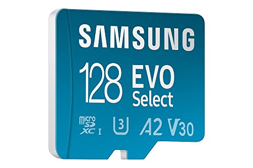 Samsung EVO Select 128GB, microSD, A2, V30, 130 MB/s, FHD, 4K UHD, tarjeta de memoria con adaptador para Smartphone, Tablet, Cámara de Acción, Drone o Notebook, Color azul (MB-ME128KA)