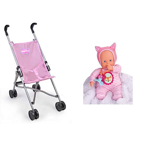 Nenuco Sillita de Metal plagable de Paseo para muñecos bebé (Famosa 700015022) + Muñeco Blandito 5 Funciones, Color Rosa (700014781)
