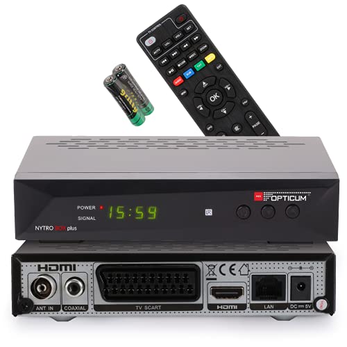 Receptor híbrido RED OPTICUM Nytro Box Plus Full HD DVB-T2 y DVB-C con función de grabación USB, Pantalla de 4 dígitos, HDMI, euroconector, Ethernet, Audio coaxial, Full HD 1080p