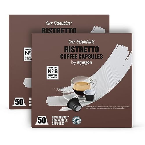 by Amazon Ristretto Cápsulas de café espresso compatibles con Nespresso, Tueste Medio, 50 unidad, Paquete de 2 - Certificado Rainforest Alliance