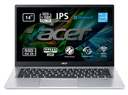 Acer Swift SF114-34 - Ordenador Portátil 14' FHD IPS (Intel Celeron N4500, 8GB RAM, 256 GB SSD, Gráficos Intel UHD, Windows 11 Home) Color Plata - Teclado QWERTY Español