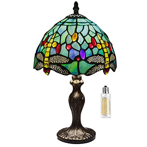 MIAOKE lámpara tiffany, lámpara de barroca, coloreado pantalla de vidrio, lámpara de mesa retro vintage, lámpara de noche, estudio, oficina-(libélula verde)