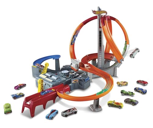 Hot Wheels Pista de coches de juguetes Spin Storm con dos lanzadores y dos loopings (Mattel CDL45)