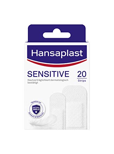 Hansaplast Enlucidos sensibles (20 tiras), resistentes a la piel e hipoalergénicos para heridas con escudo de bacterias y adhesión segura, sin dolor extraíble