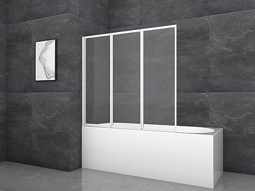 Marwell Mampara plegable para bañera, 130 cm x 120 cm x 5 cm, 3 hojas, cristal de seguridad de 4 mm, fácil de plegar con marco de aluminio blanco
