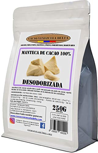Manteca De Cacao 100% - Tipo Desodorizada - Uso alimentario y cosmética - Bolsa 250g - Calidad Extra - Cacao Venezuela Delta