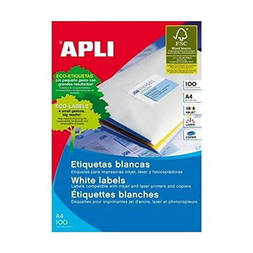 Apli Paper 1281 Etiquetas Adhesivas Blancas 100 h Inkjet Laser Copy 210,0X297,0 100H de Apli Paper S.A.U