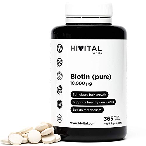 Biotina 10.000 mcg (Vitamina B7) | 365 comprimidos (Suministro anual) | Estimula el crecimiento del cabello, ayuda a mantener la piel y las uñas sanas, y activa el metabolismo | Apto para Veganos.