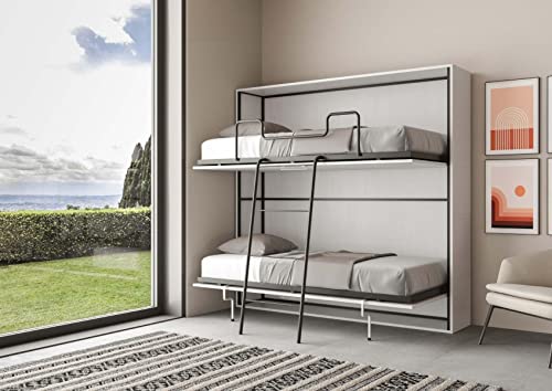 IMAGO FACTORY Kendo Double - Cama doble horizontal plegable para ahorrar espacio, cama plegable L.200 S.106 H.97, litera de pared, colchón incluido, ceniza blanca