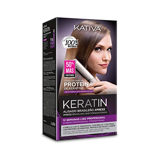 Kativa Keratin Kit Alisado Brasileño Xpress - Alisado en casa profesional - Hasta 12 Semanas de duración - Con Aceite Orgánico Argán y Keratina Vegetal - Sin Formol