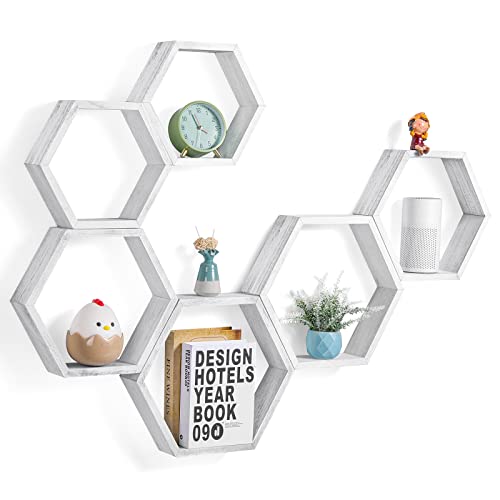 Estantes hexagonales flotantes montados en la pared, juego de 6 estantes de panal de madera hexagonales para colgar estantes de panal de abeja para decoración de pared, estantes flotantes para