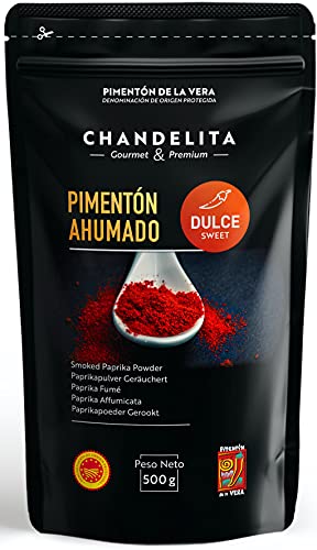 CHANDELITA Pimentón de la Vera Dulce Ahumado en Polvo en Bolsa de 500gr con la Denominación de Origen Protegida - Especias y Condimentos. Gourmet & Premium - 100% Pimenton