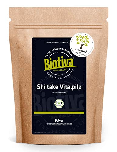 Biotiva Hongos shiitake orgánicos en polvo 125 g - 100% orgánico - Shii-Take - Lentinula edodes - hongo vital - sin aditivos - llenado y certificado en Alemania