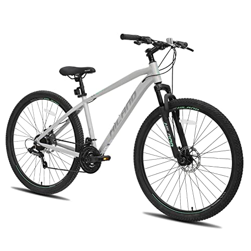 HILAND Bicicleta de Montaña 29 Pulgadas Marco de Aluminio 431mm, Bicicleta para Hombre y Mujer con Cambio Shimano 21 Velocidades, Freno de Disco y Horquilla de Suspensión, Plateado