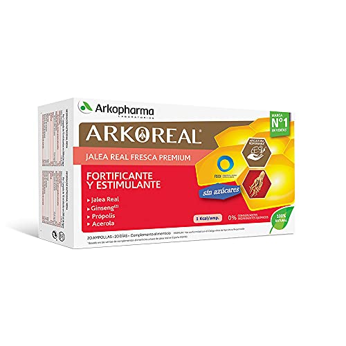 Arkopharma Arkoreal Jalea Real Ginseng Sin Azúcares 20 Ampollas, Plus de Energía, Fortificante, Estimulante, Complemento Alimenticio