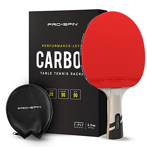 PRO-SPIN Pala de Ping Pong con Fibra de Carbono – Madera 7-ply, Goma Ofensiva, Esponja 2 mm, Funda de Raqueta de Tenis Mesa Premium (Pack de 1)
