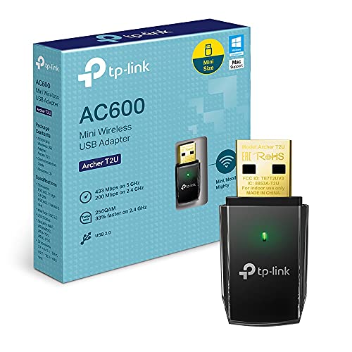 TP-Link Archer T2U - Adaptador WiFi USB AC600 Mbps, Receptor WiFi para PC, Doble Banda 2.4GHz/5GHz, Mini Tamaño, USB 2.0, Seguridad avanzada