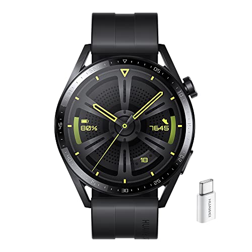 Huawei Watch GT 3 46 mm Smartwatch, batería de larga duración, monitoreo SpO2, AI Running Coach, monitor de frecuencia cardíaca, más de 100 modos de entrenamiento, con adaptador AP52, color negro