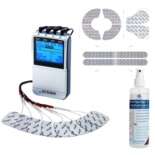 Electroestimulador TENS combinado y electroestimulador EMS stim-pro X9+ axion + 8 electrodos cuadrados + 4 cables + 2 electrodos hombro + 1 electrodo cuello + 2 electrodos columna + 1 spray