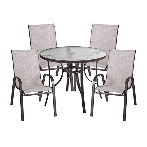 Conjunto de Mesa Redonda y 4 sillas de jardín Neila apilables ergonómicas marrón de Acero, textileno y Cristal