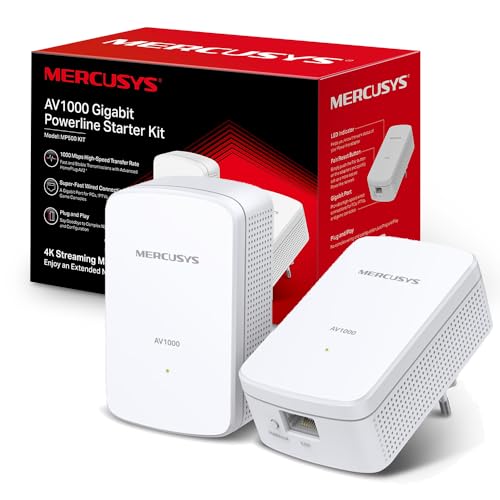 Mercusys MP500 KIT - Kit Adaptador Ethernet AV1000 Mbps en Powerline, 1 puerto Gigabit Ethernet, homeplug AV, sin wifi, sin necesidad de configuración