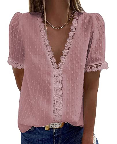 GRMLRPT Blusa de Mujer Blusa de Gasa Cuello en V Camisa de Encaje Camiseta Casual Elegante Camiseta de Manga Corta Top de Gasa Elegante (L,Rosa)