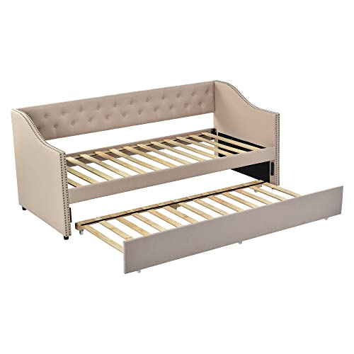 Moimhear Cama tapizada 90 x 200 cm, cama individual, cama doble, sofá cama extensible, beige, tela de lino resistente, cama juvenil (beige)