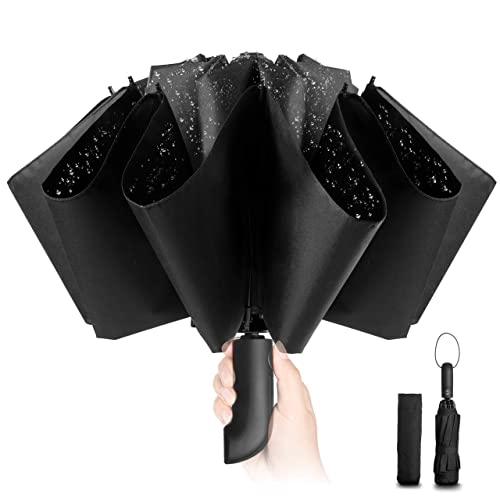 Paraguas Plegable Compacto – Paraguas invertido de Plegado Automático Negro a Prueba de Viento para Hombres y Mujeres, Revestimiento de Teflón 210T Abarca 105cm Paraguas Grande de 10 Varillas