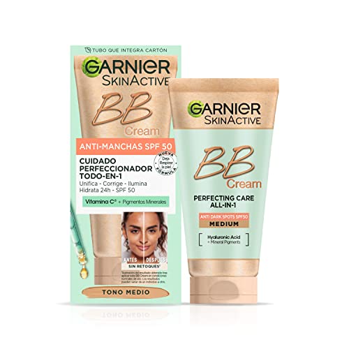 Garnier BB Cream Anti-Manchas FPS 50 Hidratante Todo en uno con color tono medio. Glicerina vegetal + Vitamina E, Unifica, Protege e Hidrata - 50 ml