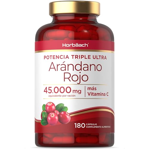 Arándano Rojo Capsulas 45.000 mg | Cranberry Suplemento de alta resistencia con Vitamina C | 180 Cápsulas | by Horbaach