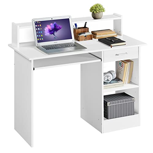 Yaheetech Escritorio Blanco con Cajones 106x50x75cm Mesa de Ordenador con Soporte de Monitor Mesa Escritorio PC para Despacho Oficina