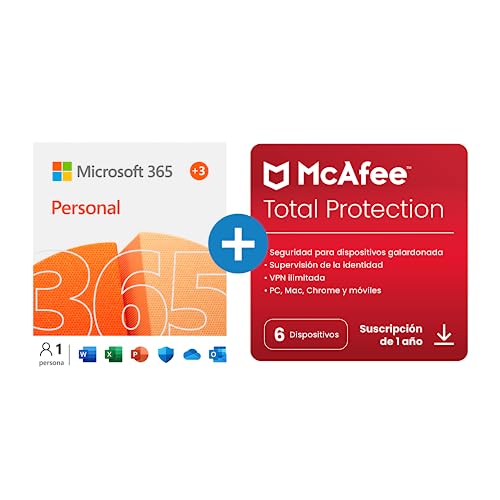 Microsoft 365 Personal | Apps Office 365 | PC/MAC/tableta/teléfono | 12+3 Meses + McAfee Total Protection 2022 | 6 Dispositivo | 12 Meses | PC/Mac/Android/Smartphones - Código de activación por email