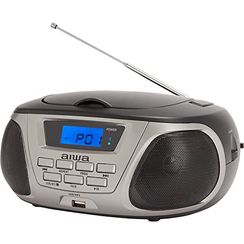 Aiwa BBTU-300TN Reproductor de CD Portátil, Radio CD (Radio FM, tecnología Hyperbass, Entrada de Audio, Bluetooth, USB). Color: Titanio