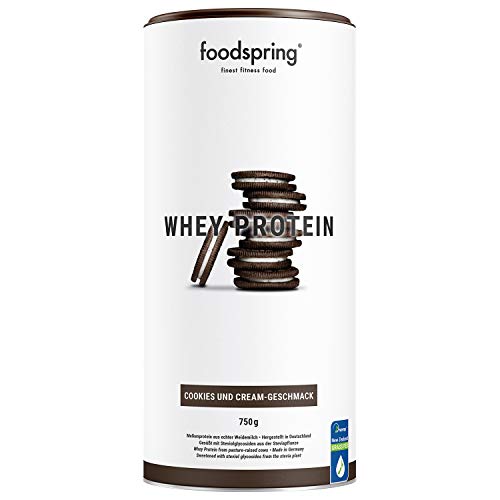 foodspring Whey Proteína Polvo Cookies & Cream - 24g de proteína para construcción muscular, perfectamente soluble, leche de libre pastoreo, rica en BCAAs y EAAs - 750g