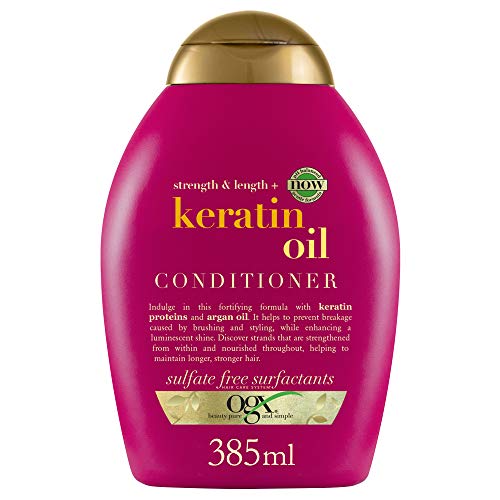 OGX Strength & Length Keratin Oil Conditioner (385 ml), acondicionador con proteínas de keratina, acondicionador sin sulfatos ni parabenos, para cabello rizado, encrespado u ondulado