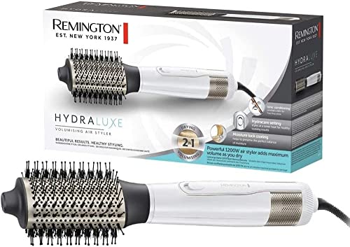 Remington Cepillo de Aire Hydraluxe, Moldeador de Pelo, Tecnología Hydracare, Cepillo Secador, Acondicionamiento Iónico, Cerámica, 1200W, 3 Temperaturas y 2 Velociades - AS8901, Blanco