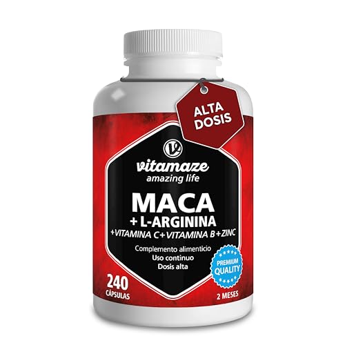 Vitamaze® Maca Andina 4000 mg + L Arginina + Vitamina C y Vitamina B + Zinc (240 Cápsulas) Maca Peruana Altamente Concentrada, sin Aditivos Innecesarios, Calidad Alemana.