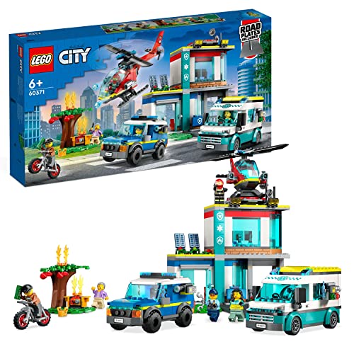LEGO 60371 City Central de Vehículos de Emergencia, Set con Helicóptero, Ambulancia, Moto y Coche de Juguete para Niños de 6 Años o Más
